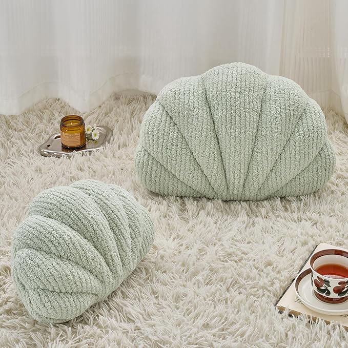 Shell Pillow, Soft Decorative Pillows for Bed Couch, Seashell Plush Throw Pillow Aesthetic Home Decor Cushion for Bedroom Living Room (Sage Green, 14 X 11 Inches)