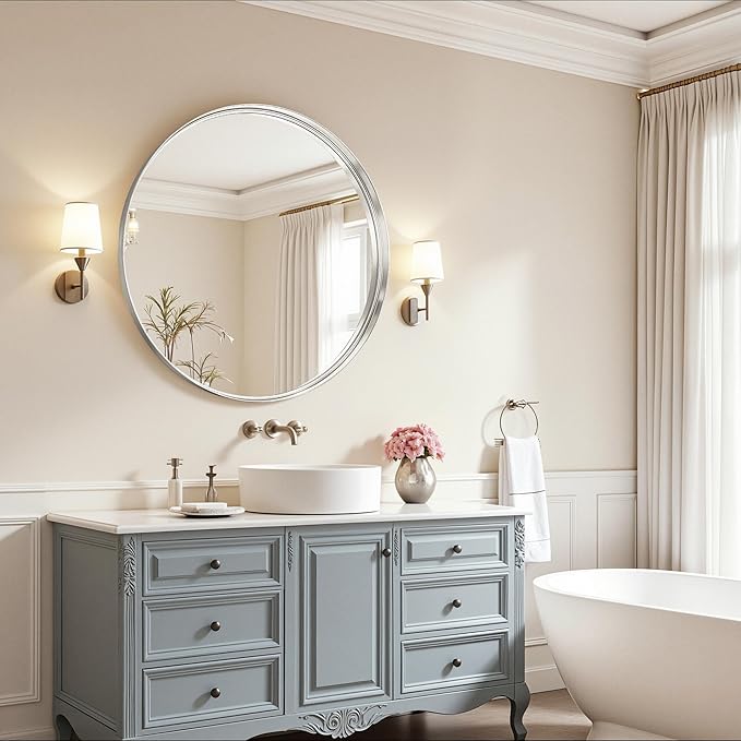 Round Bathroom Mirror, 30 Inch Silver Circle Mirror with Metal Deep Frame, Round Mirrors for Wall Decor, Vanity, Entryway, Living Room