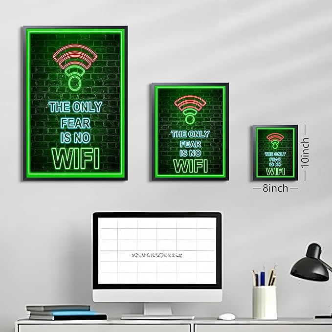 Framed Gamer Wall Art, Boys Game Room Wall Decor Painting, The Only Fear Is No WiFi Neon Canvas Print Picture, Green LED Style Gaming Room Decor Oil Painting for Kids Teens Bedroom 8x10 Inch