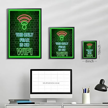 Framed Gamer Wall Art, Boys Game Room Wall Decor Painting, The Only Fear Is No WiFi Neon Canvas Print Picture, Green LED Style Gaming Room Decor Oil Painting for Kids Teens Bedroom 8x10 Inch