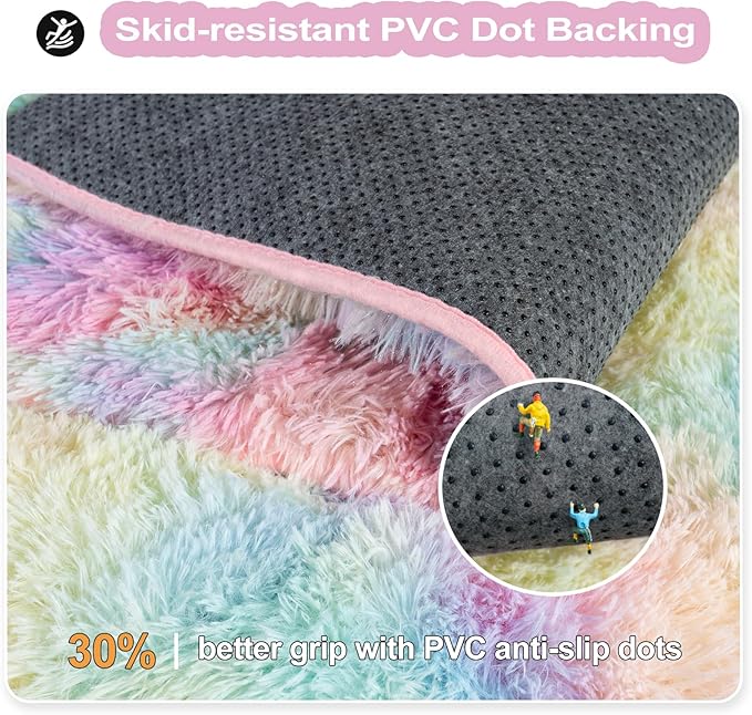 qulint 6x9 Colorful Rug for Bedroom, Large Fluffy Soft Living Room Area Rug, Fuzzy Plush Princess Rug for Girl Kids, Shaggy Modern Carpet for Dorm Nursery Classroom Home Decor (6ft x 9ft, Rainbow)