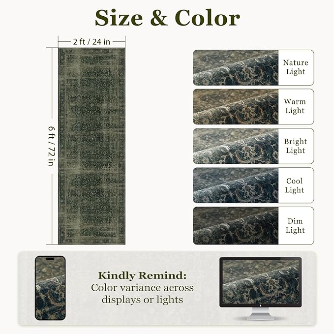 Dark Green 2x6 Hallway Runner Rug, Washable Non Slip Thin Carpet Runners for Kitchen Floor, Distressed Moody Runner Rugs for Entryway/Foyer/Bedroom/Laundry Room, Green with Brown Accents