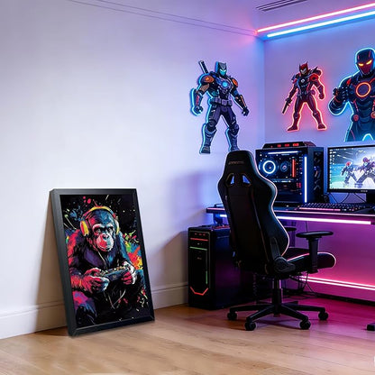 Gamer Monkey Wall Art, Gorilla Playing Video Game with Controller Canvas Print Poster, Colorful Graffiti Gaming Animal Painting, Boys Room Game Room Wall Decor 12x16 Inch Wood Framed