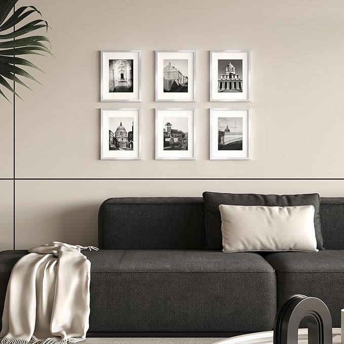 8.5x11 Picture Frame Set of 6, Certificate Document Frame, Diploma Frame, Display Pictures 6x8 with Mat or 8.5x11 Without Mat,Silver