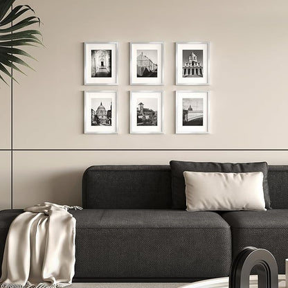 8.5x11 Picture Frame Set of 6, Certificate Document Frame, Diploma Frame, Display Pictures 6x8 with Mat or 8.5x11 Without Mat,Silver