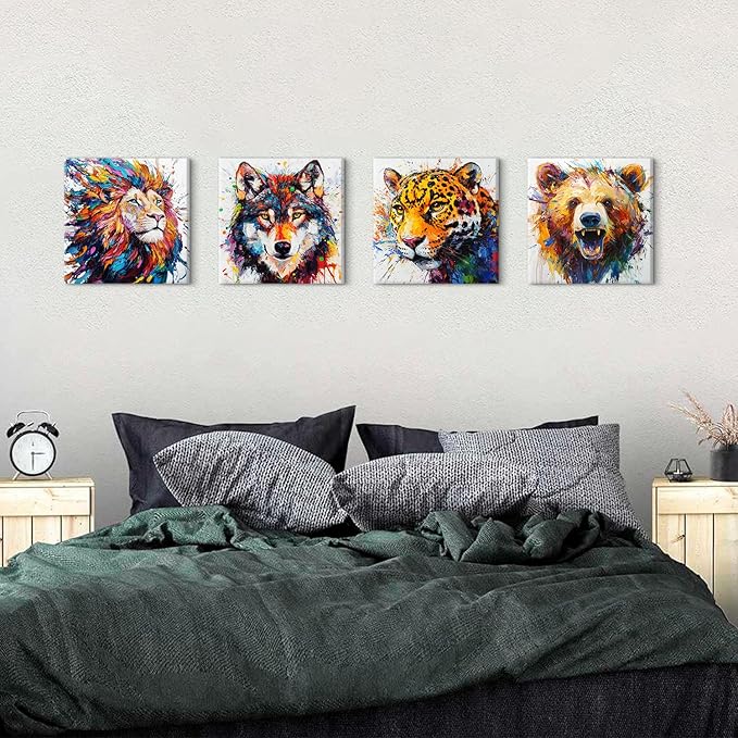 Animal Canvas Wall Art Boys Room Decor Abstract Colourful Lion Wolf Bear Tiger Pictures Kids Bedroom Watercolor Graffiti Animals Posters Nursery Paintings Toddler Artwork Framed Decorations 12x12”4Pcs