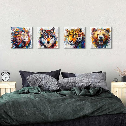 Animal Canvas Wall Art Boys Room Decor Abstract Colourful Lion Wolf Bear Tiger Pictures Kids Bedroom Watercolor Graffiti Animals Posters Nursery Paintings Toddler Artwork Framed Decorations 12x12”4Pcs