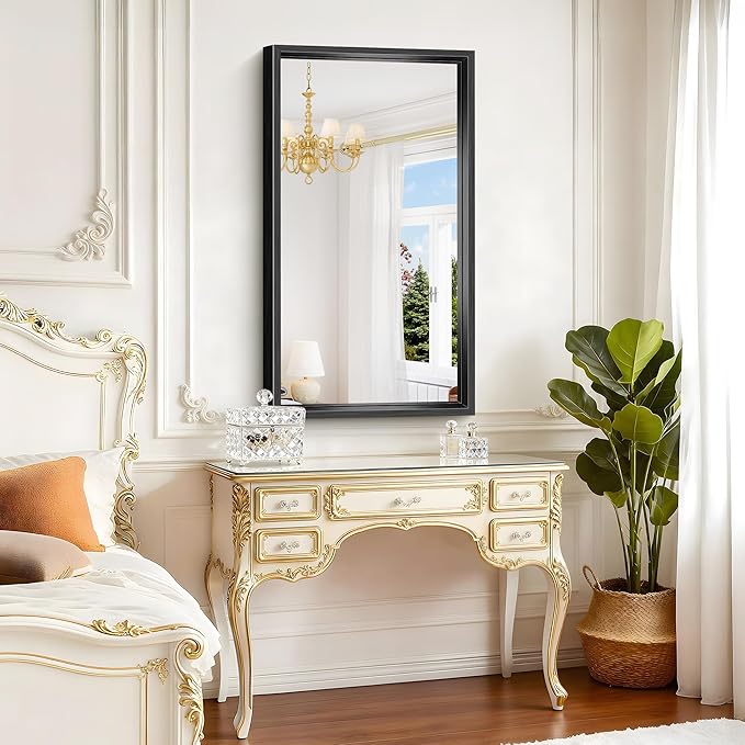 Black Framed Mirror 24"x42", Brushed Black Bathroom Mirrors for Over Sink, 0.6" Thickened Deep Frame Rectangle Mirrors for Wall, Shatterproof Tempered Glass, Antirust, Horizontally/Vertically