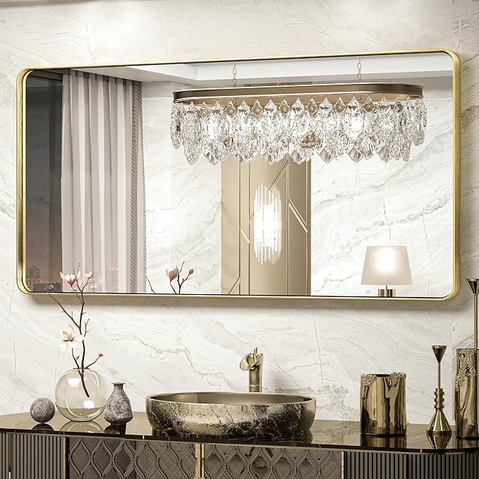 TokeShimi Bathroom Vanity Mirror 48 x 24 Inch Gold Metal Frame Round Corner Rectangular for Home Decor Living Room Entryway (Horizontal/Vertical)