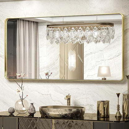 TokeShimi Bathroom Vanity Mirror 48 x 24 Inch Gold Metal Frame Round Corner Rectangular for Home Decor Living Room Entryway (Horizontal/Vertical)