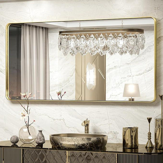 TokeShimi Bathroom Vanity Mirror 48 x 24 Inch Gold Metal Frame Round Corner Rectangular for Home Decor Living Room Entryway (Horizontal/Vertical)