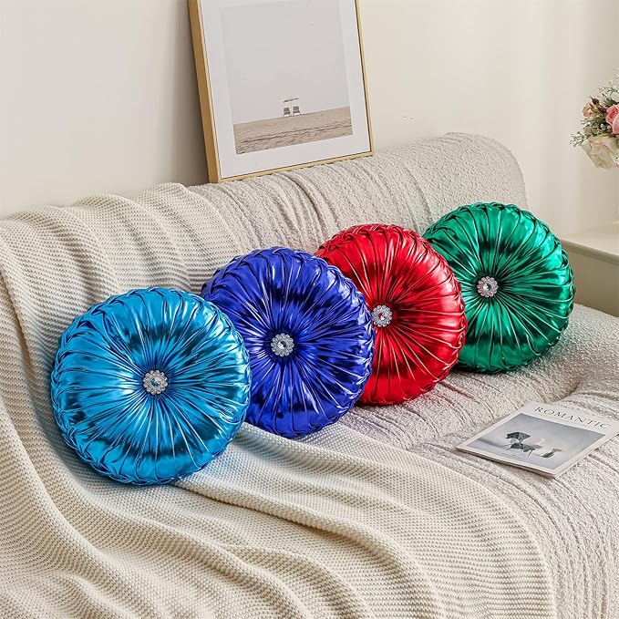 Red Round Throw Pillows, Soft Spandex Fabric Pumpkin Pleated Handmade Metallic Decorative Throw Pillows Floor Pillows Cushion for Sofa Couch Bed Living Room Chair Decoration