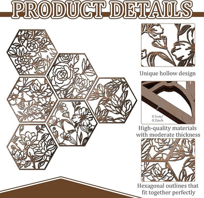 BreezeHug 6 Pcs Flowers Wooden Wall Art Decor Hexagon Hollowing out Boho Flower Sculpture Sign Ornament Modern Wooden Wall Art Decoration Hanging Set for Living Room Bedroom Farmhouse (11"x 10")