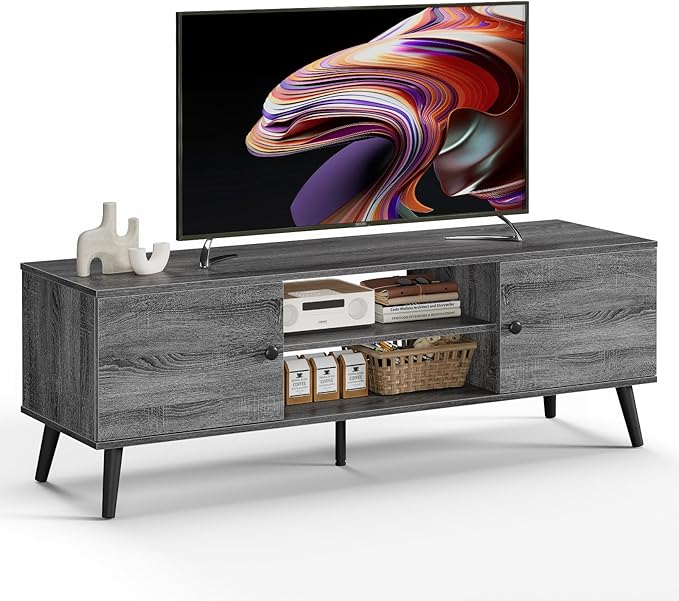 DUMOS TV Stand for 55 60 inch TV, Modern Mid Century Entertainment Center with Storage, Wooden Media Console Table with 2 Cabinets, for Living Room, Bedroom, Grey
