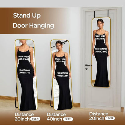 NARCISSUS 57x16 Mirror Door Hanging Full Length Body with Floor Stand or Wall Mounted Metal Aluminum Frame Tempered Glass Rectangle Mirrors for Bedroom Dressing Living Room Bathroom 57 inch Gold