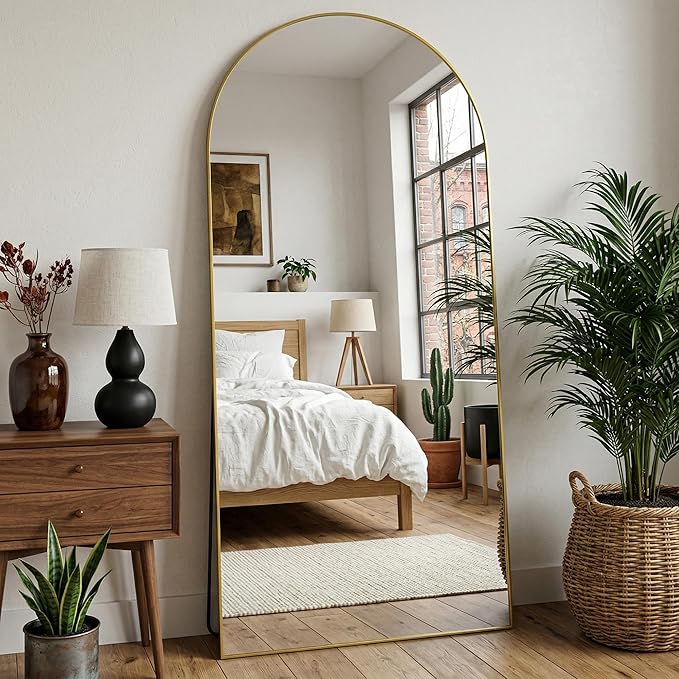 Arched Full Length Mirror 71 x 32 Inch, Full Body Mirror with Stand, Standing Hanging or Leaning Against Wall, Metal Frame Floor Mirror for Bedroom, Living Room, Cloakroom,Gold