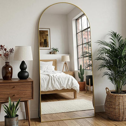 Arched Full Length Mirror 71 x 32 Inch, Full Body Mirror with Stand, Standing Hanging or Leaning Against Wall, Metal Frame Floor Mirror for Bedroom, Living Room, Cloakroom,Gold