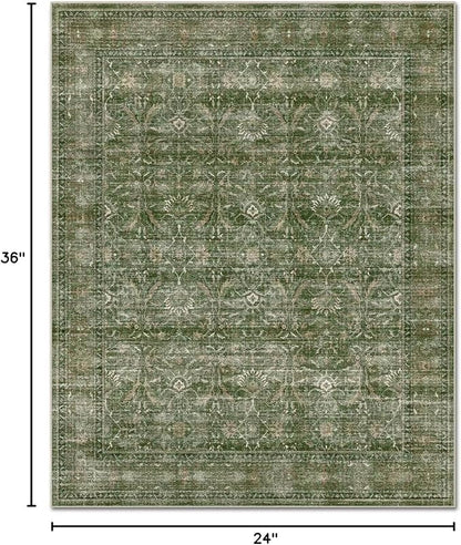 Washable 2x3 Entryway Rug, Boho Non-Slip Door Mat Vintage Distress Small Rugs for Kitchen Nursery Office Bedroom, 0.3" Neutral Oriental Throw Carpet with Cushioning Pad, Grass Green/Multi, D1