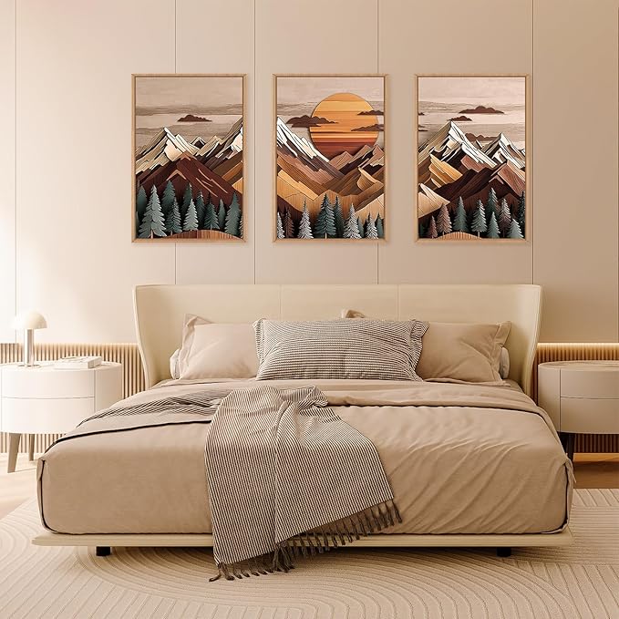 KAIRNE Woodcut Style Mountain Framed Canvas Wall Art Set,Wooden Pine Tree Wall Decor,Vintage Forest Landscape Art Prints,Nature Sunrise Artwork for Living Room,Bedroom,Farmhouse,Office-24 x36 x3
