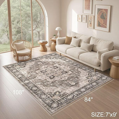 Area Rug 7x9 Washable Vintage - Soft Traditional Rugs for Living Room Large Non Slip Backing with Low Pile Farmhouse Oriental Retro Carpet for Bedroom Dining Room or Home Office - Dark Brown