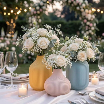 Colorful Small Ceramic Vases Set of 3, Matte Vertical Ribbed, Minimalist for Pampas Dried & Fresh Flowers, Centerpiece for Living Room,Shelf, Wedding (Light Blue, Mustard Yellow, Beige)