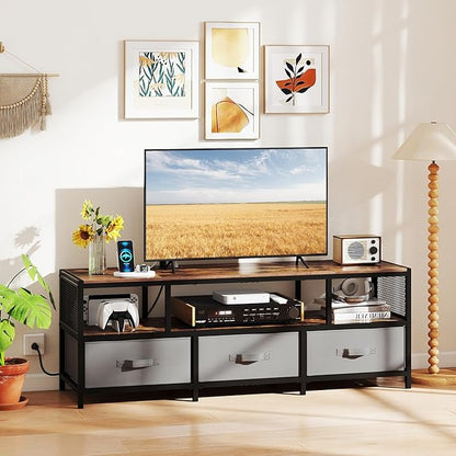 Tangkula Farmhouse TV Stand for TVs up to 65", 3-Tier Entertain Center with Power Outlets USB Charging, Media Console Table with Open Shelf & 3 Fabric Storage Drawers for Living Room (Rustic Brown)
