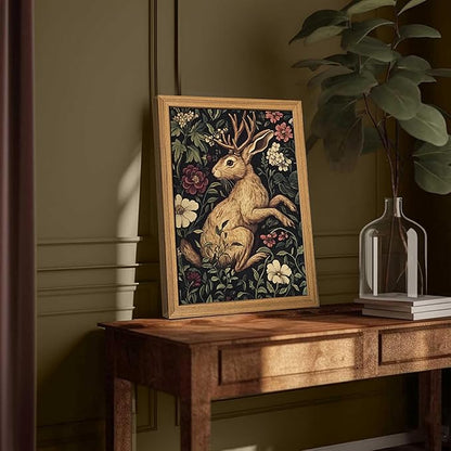 Framed Vintage Jackalope Wall Art, William Morris Dark Botanical Cottagecore Decor, Mythical Folklore Nature Illustration, Hand Drawn Sandstone Art for Living Room Bedroom 12x16 inch