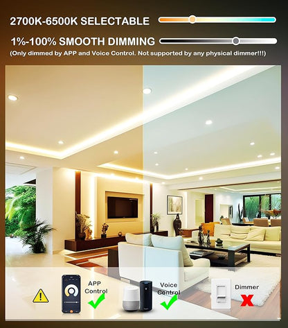 CLOUDY BAY [12 Pack] 4inch Smart WiFi LED Recessed Lighting,RGBCW Color Changing, Compatible with Alexa and Google Home Assistant, No Hub Required,10W 650LM, 2700K-6500K,CRI90+ Wet Location,12 Pack