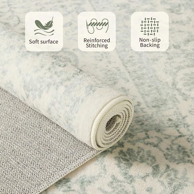 Rugxara 6x9 Washable Area Rug for Living Room, Vintage Large Boho Rugs for Office, Dining Room, Kids Room, Farmhouse, Durable Low Pile Non Slip Carpet for High Traffic Areas, Light Green