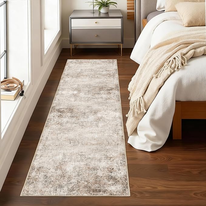Washable 2x6 Kitchen Runner Rug: Abstract Indoor Rubber Backing Runners for Hallway Bathroom Bedroom - Easy Clean Soft Thin Floor Mat - Modern Neutral Decor Throw Carpet - Beige Brown