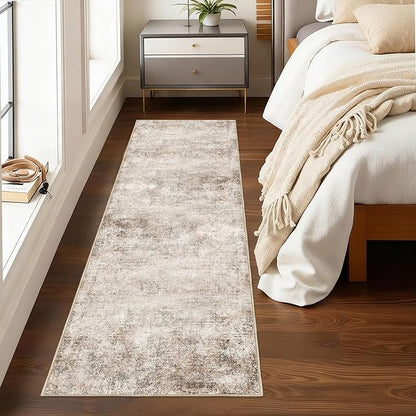 Washable Kitchen Runner Rug 2x8: Abstract Rubber Backing Floor Mat for Hallway Entryway - Modern Indoor Decor Carpet Soft Thin Easy Clean Throw Rugs - Beige Brown