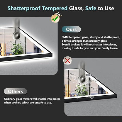 72x40 Black Framed LED Bathroom Mirror with Lights, Backlit and Front Lit Anti-Fog Lighted Vanity Mirrors for Bathroom Wall, Dimmable, 3 Colors, Memory, HD Tempered Glass, Horizontal/Vertical