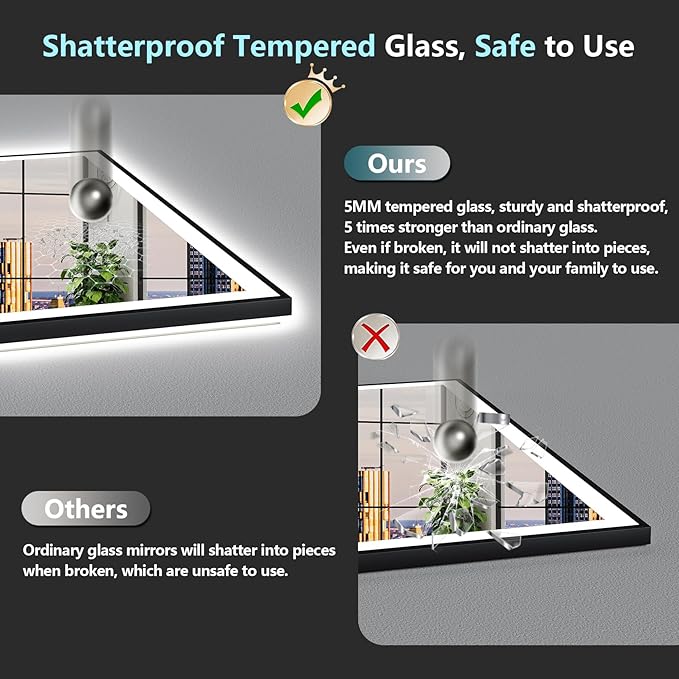84x32 Black Framed LED Bathroom Mirror with Lights, Backlit and Front Lit Anti-Fog Lighted Vanity Mirrors for Bathroom Wall, Dimmable, 3 Colors, Memory, HD Tempered Glass, Horizontal/Vertical