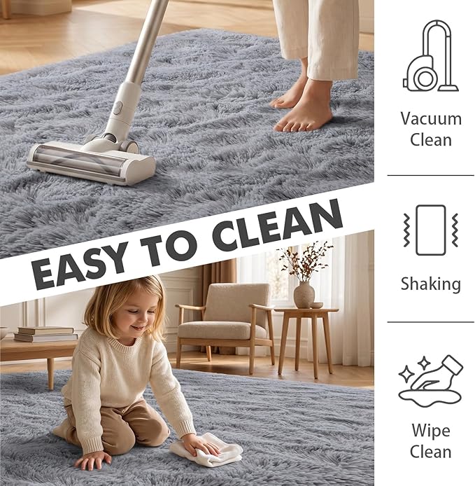 9x12 Ft Extra Large Shag Rugs for Living Room, Ultra Soft Fluffy Furry Area Rugs for Bedroom Indoor Floor, Aesthetic Carpet for Kids Home Decor (Light Grey)