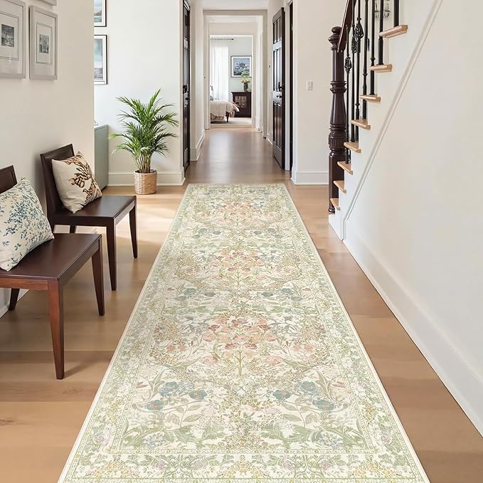 Lunasun Sage Green Non Slip Hallway Runner Rug - Long Runner Rugs 2x7 Washable Kitchen Floor Mat, Laundry Room Rug, Bathroom Runner - Vintage Design Décor