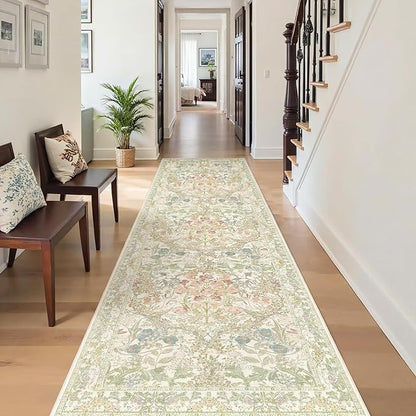 Lunasun Sage Green Non Slip Hallway Runner Rug - Long Runner Rugs 2x7 Washable Kitchen Floor Mat, Laundry Room Rug, Bathroom Runner - Vintage Design Décor