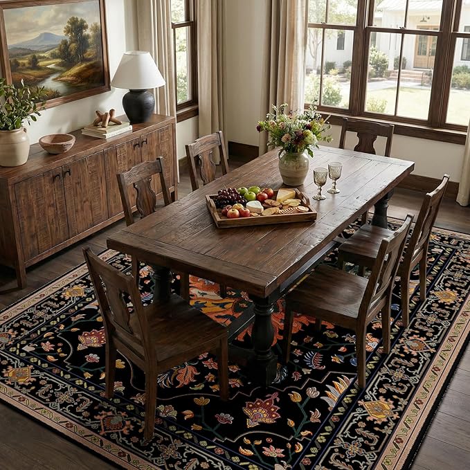 RELEANY Area Rugs 6'x8' Washable Non-Slip, Floral Vintage Distress Print Pattern Medallion Carpet for Living Room Bedroom Dining Room, Black Colorful Floral Dark Tan