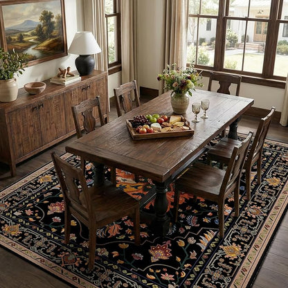 RELEANY Area Rugs 7'x10' Washable Non-Slip, Floral Vintage Distress Print Pattern Medallion Carpet for Living Room Bedroom Dining Room, Black Colorful Floral Dark Tan