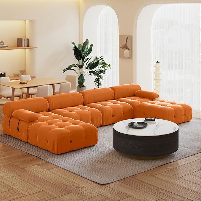 138'' Modular Sectional Couch, U-Shaped Velvet Sofa with Reversible Chaise Ottoman, Minimalist 6-Seat Bubble Sofa, Modern Cloud Sectional Couches for Living Room, Apartment (6 Seats, Orange)