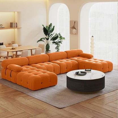 138'' Modular Sectional Couch, U-Shaped Velvet Sofa with Reversible Chaise Ottoman, Minimalist 6-Seat Bubble Sofa, Modern Cloud Sectional Couches for Living Room, Apartment (6 Seats, Orange)