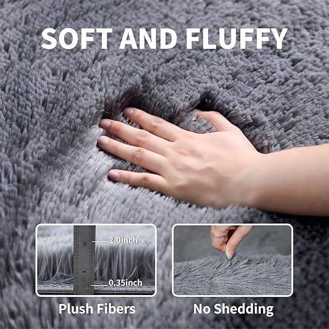 KICHOWUA Area Rug 5x7 Grey Fluffy Shag for Bedroom, Extra Soft Plush Fuzzy Washable Thickened Non-Slip Floor Carpet for Living Room, Cozy Furry Shaggy Rug for Kids Baby Boys Girls Nursery Dorm