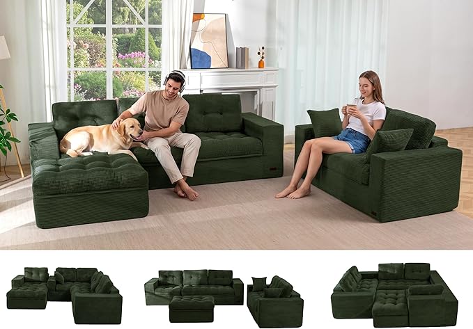 MAXYOYO Modular Sectional Sofa with Ottoman and Loveseat, Cloud Boneless Couch with Layered Cushion, Flexible Module Combination Sofa for Living Room, No Assembly Required,Dark Green