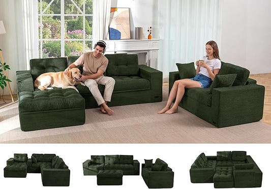 MAXYOYO Modular Sectional Sofa with Ottoman and Loveseat, Cloud Boneless Couch with Layered Cushion, Flexible Module Combination Sofa for Living Room, No Assembly Required,Dark Green