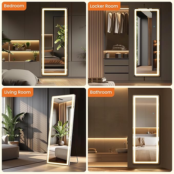 Full Length Mirror with Lights, 71" x 26" LED Floor Mirrors, Full Body Dressing Standing Mirrors with Dimming & 3 Color Lighting, Hanging Mounted Mirror for Living Room Bedroom Cloakroom