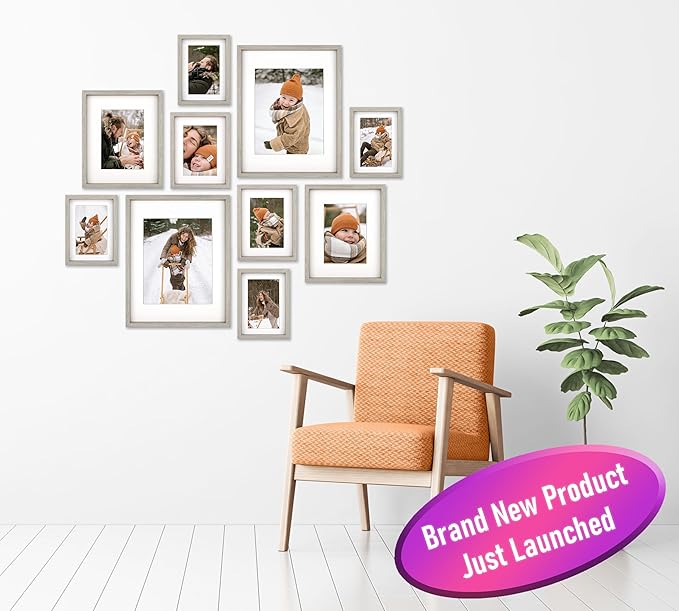 10 Piece Shadow Box Style Gallery Wall Frame Set – Deep Photo Frame Set with Mat for 8x10, 5x7 and 4x6 - Multiple Sizes Picture Frame Set for Wall Collage – Assorted Picture Frames for Wall (Gray)