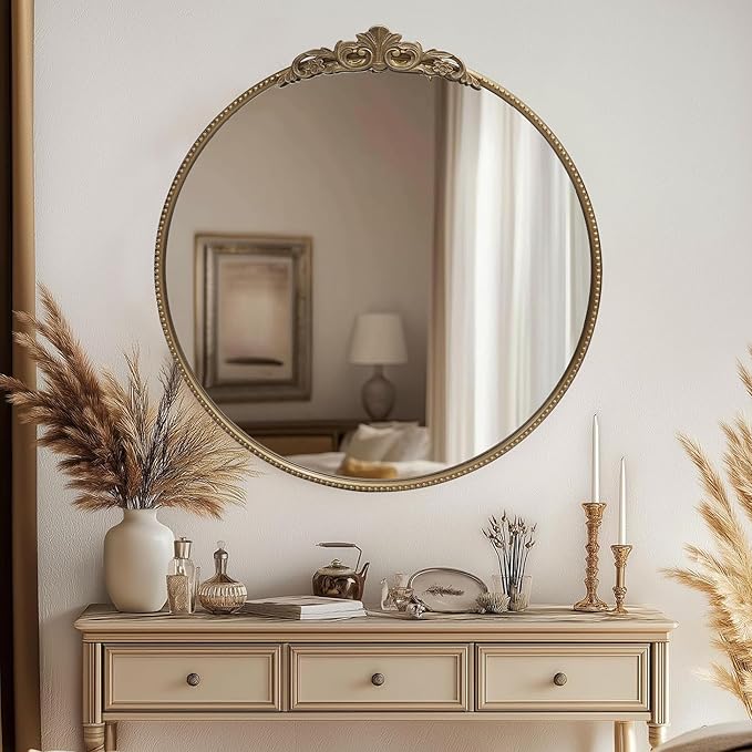 30‘’ Antique Gold Round Wall Mirror with Metal Flower Carving Frame, Small Vintage Retro Baroque Mirror Ornate, Vanity Mirror for Bathroom, Fireplace,Entryway, Living Room (round vindage gold
