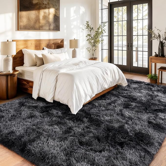 Tie-Dyed Black Grey Shaggy Rugs Fluffy Carpets, Indoor Modern Plush Area Rugs for Living Room, Upgrade Anti-Skid Area Rug, 10x14 Feet Fuzzy Rug for Nursery Home Decor