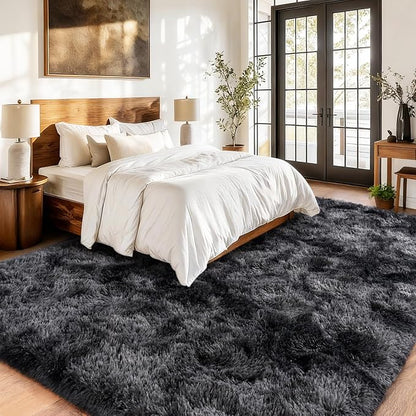 Tie-Dyed Black Grey Shaggy Rugs Fluffy Carpets, Indoor Modern Plush Area Rugs for Living Room, Upgrade Anti-Skid Area Rug, 10x14 Feet Fuzzy Rug for Nursery Home Decor