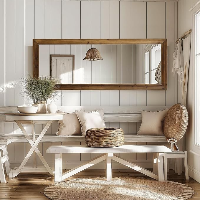 MELOMOIR Rustic Farmhouse Full Length Mirror, 64"x21" Wood Frame Floor Mirror, Free Standing Leaning Hanging Mirror, Long Mirror for Bedroom Living Room Cloakroom