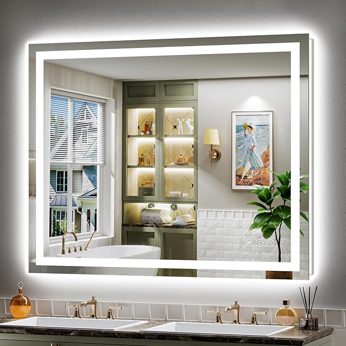 Briivue 48x38 Inch LED Bathroom Mirror with Lights, Backlit & Front Lit, Anti-Fog Lighted Bathroom Vanity Mirror for Wall, Memory Function, Dimmable, HD Tempered Glass, Shatter-Proof